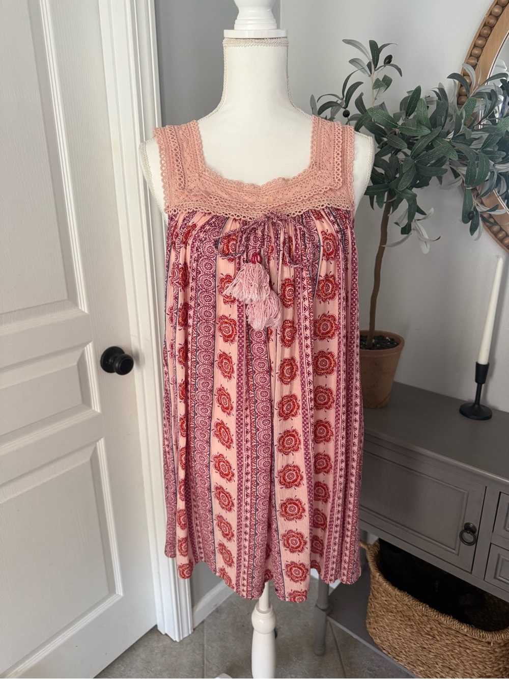 BOG Collective Urban Outfitters Boho Tassel eMidi Dress in Blush and Coral Sz S